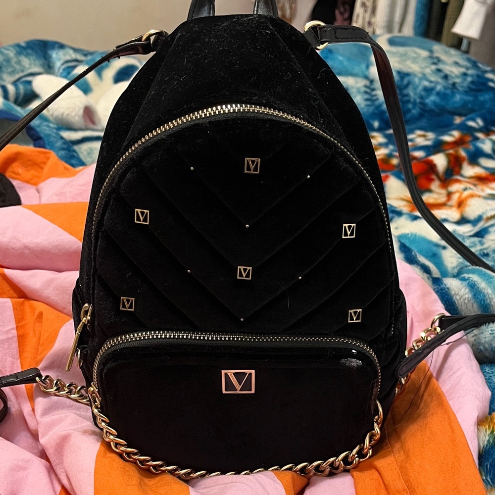 Black Velvet Backpack with Gold Accents
